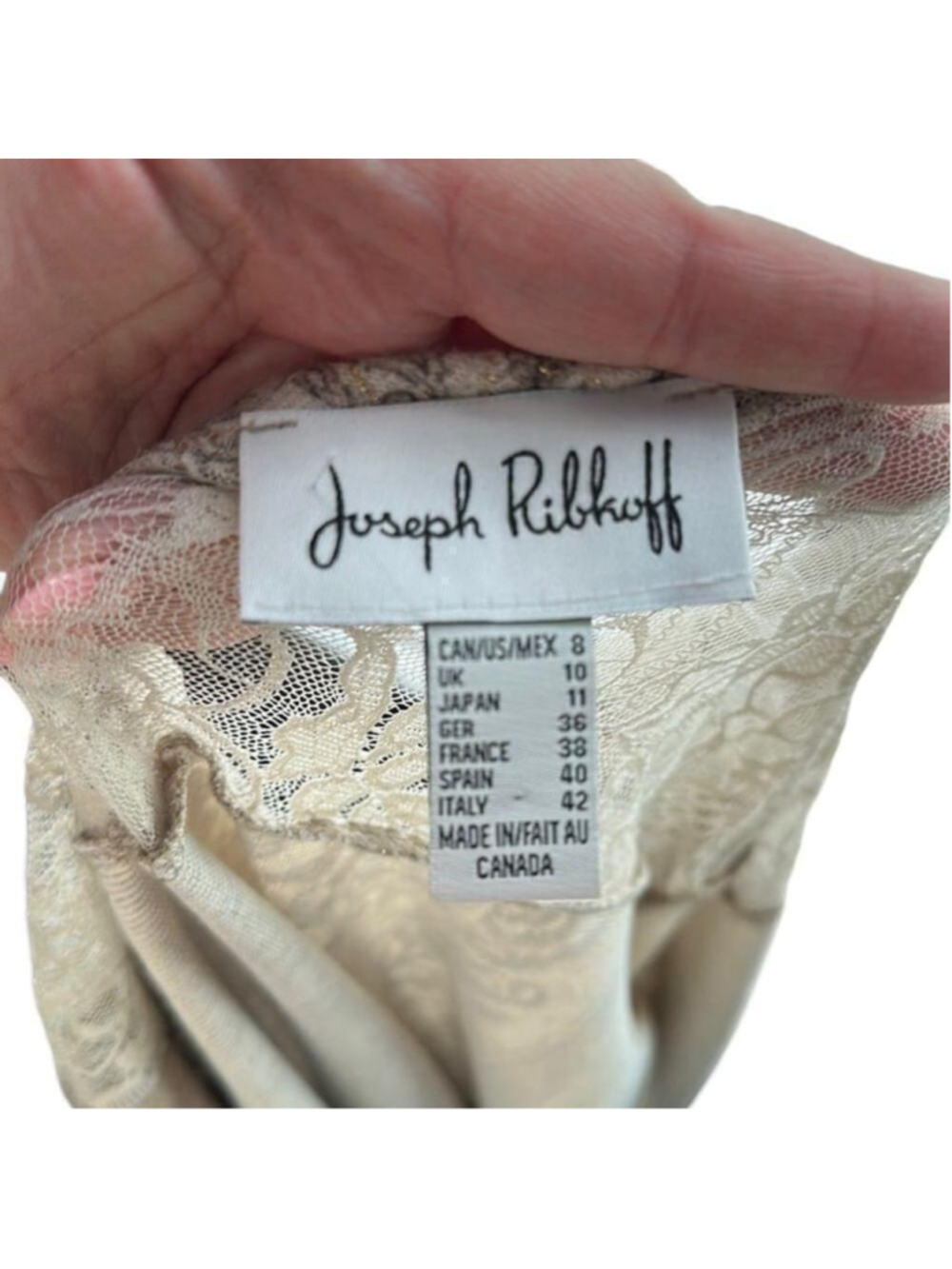 Joseph Ribkoff cardigan taupe gold lace open front pattern stretch unique sz 8 - Picture 7 of 11